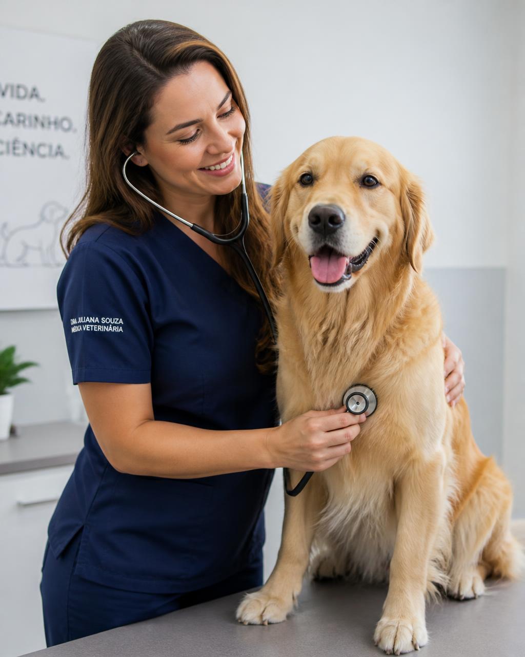 Médica-veterinária examinando um cão com estetoscópio em uma clínica veterinária