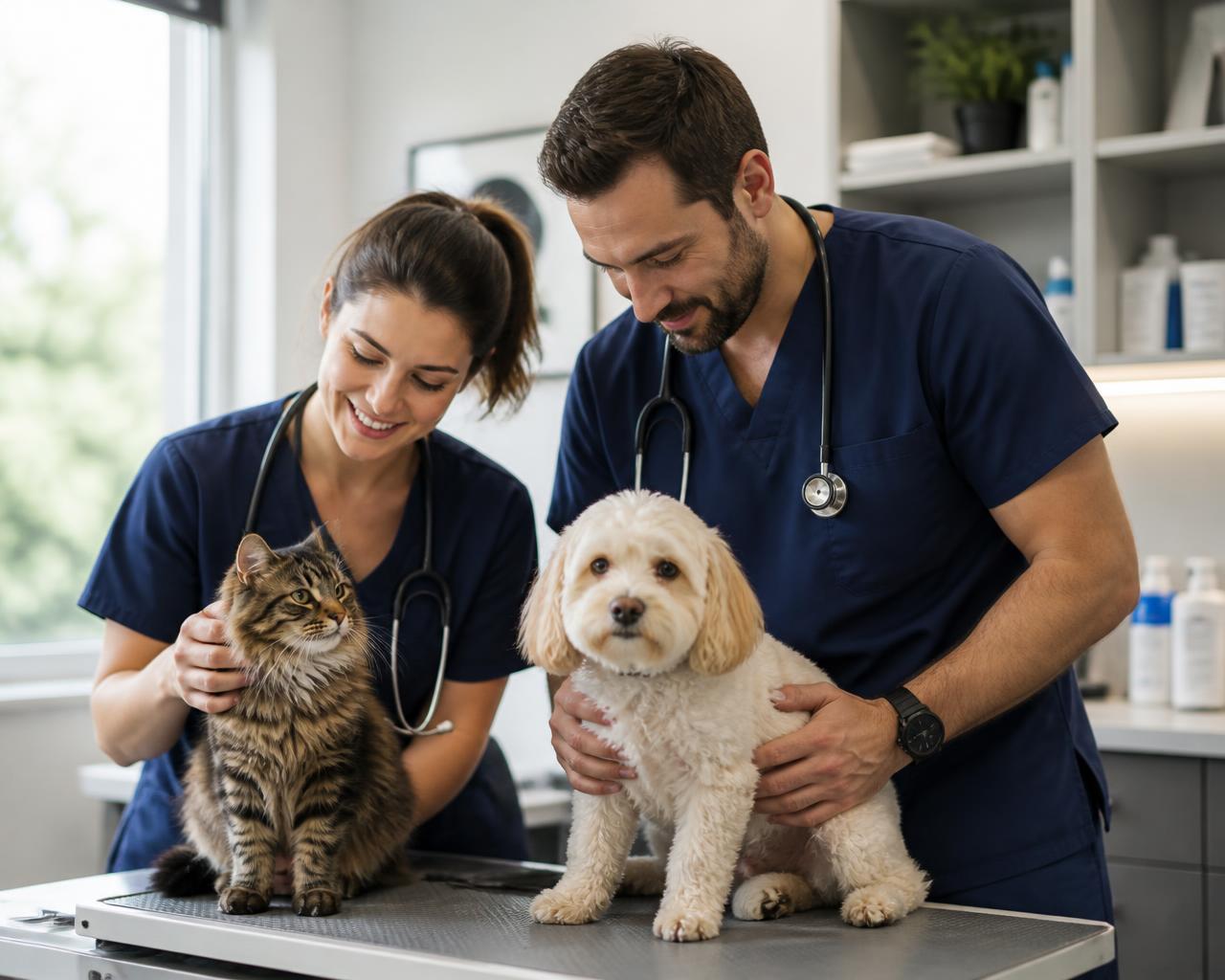 Equipe de médicos-veterinários atendendo um gato e um cão em clínica veterinária
